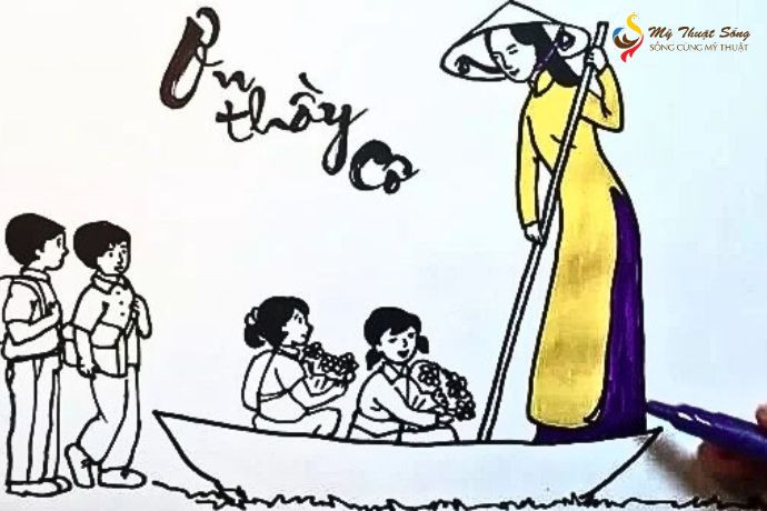 Tranh vẽ cô giáo và học trò vui vẻ cùng hoa và quà 20/11