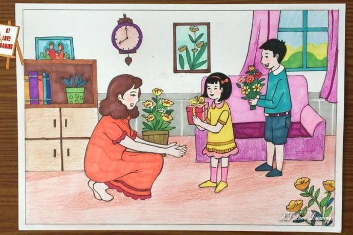 Tranh vẽ em bé trai cầm bó hoa và hộp quà nhỏ tặng cho mẹ nhân dịp ngày Phụ nữ Việt Nam 20/10