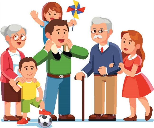 Tranh vẽ gia đình với hình ảnh ông bà hạnh phúc quây quần bên con cháu