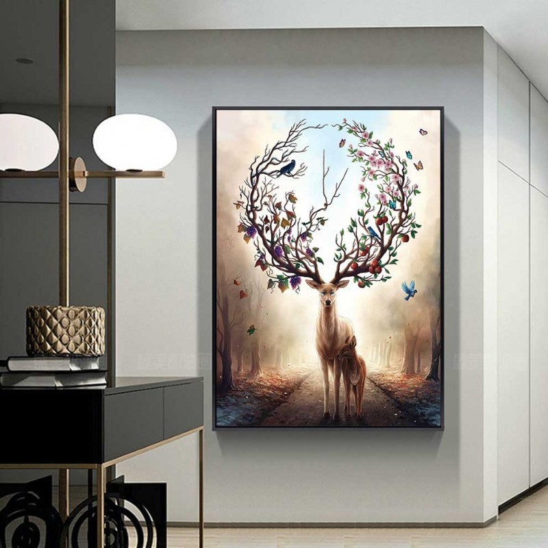 Tranh vẽ hai con nai đứng cạnh nhau, mang ý nghĩa phong thủy