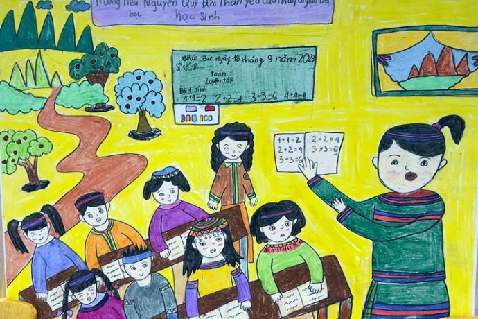 Tranh vẽ hoạt động học sinh chơi đá cầu