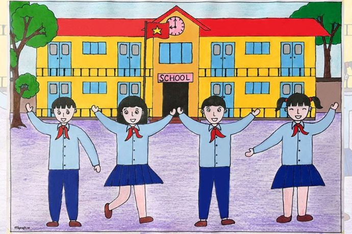 Tranh vẽ hoạt động học sinh chơi kéo co