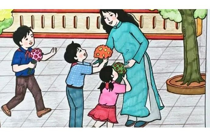 Tranh vẽ hoạt động ngoại khóa của thầy cô và học trò