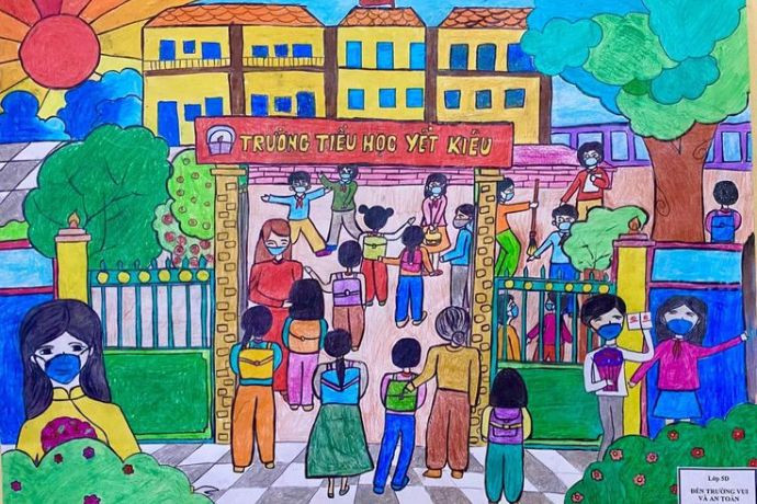 Tranh vẽ hoạt động trường học chơi nhảy dây