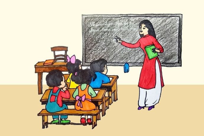 Tranh vẽ lớp học với cô giáo đang giảng bài, thể hiện ý tưởng vẽ tranh 20/11