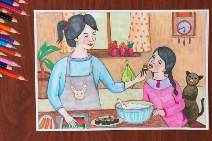 Tranh vẽ mẹ và con gái cùng nhau làm món kimbap trong bếp, thể hiện tình cảm gia đình dịp 20/10