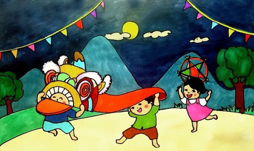Tranh vẽ mô tả cảnh múa lân và rước đèn tưng bừng trong đêm Trung Thu