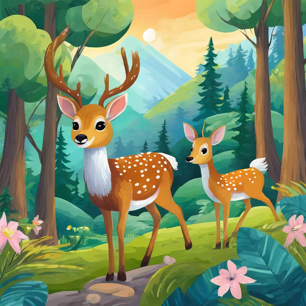 Tranh vẽ phong cảnh rừng với hình ảnh con nai