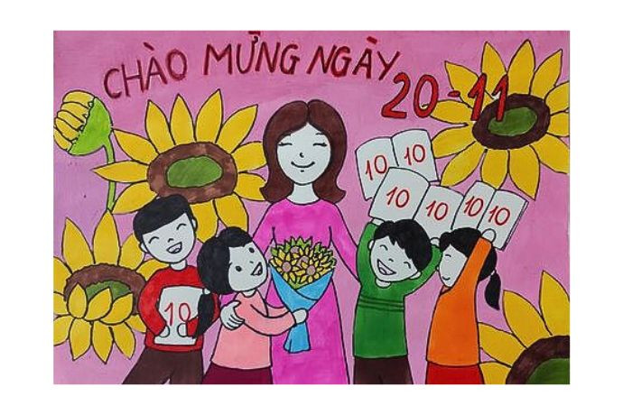 Tranh vẽ tập thể học sinh vây quanh thầy cô đầy yêu thương