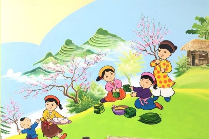 Tranh vẽ Tết đơn giản cảnh Tết ở làng quê