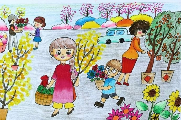 Tranh vẽ Tết đơn giản về cảnh đi chợ Tết