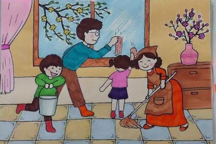 Tranh vẽ Tết đơn giản về cảnh dọn dẹp nhà cửa