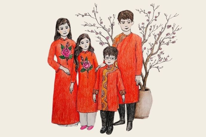 Tranh vẽ Tết đơn giản về gia đình cùng nhau đón xuân