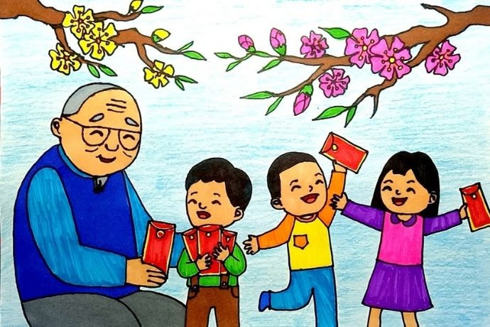 Tranh vẽ Tết đơn giản về hoạt động lì xì