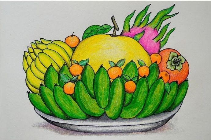 Tranh vẽ Tết đơn giản về mâm ngũ quả