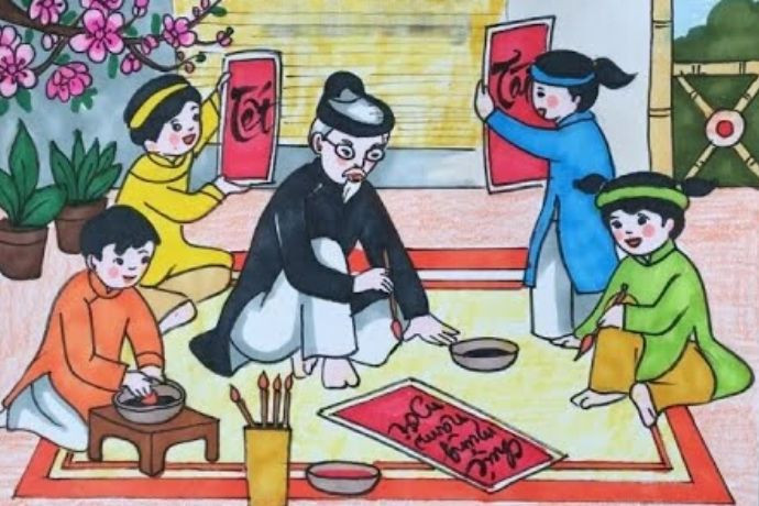 Tranh vẽ Tết đơn giản về ông đồ cho chữ