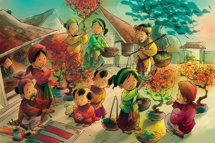 Tranh vẽ Tết đơn giản với bé trai và cành đào