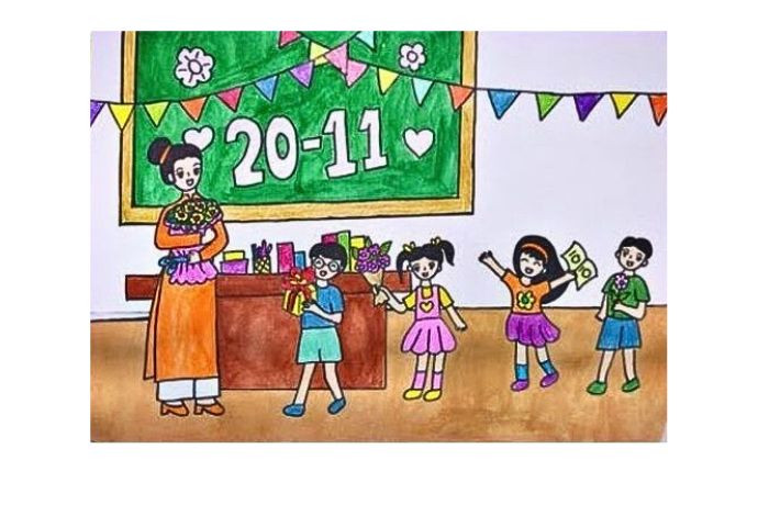 Tranh vẽ thầy cô trao đôi cánh ước mơ và tri thức cho học sinh