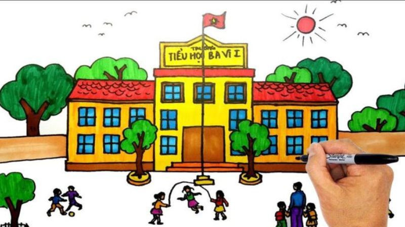 Tranh vẽ trường học với phong cách màu sắc tươi sáng