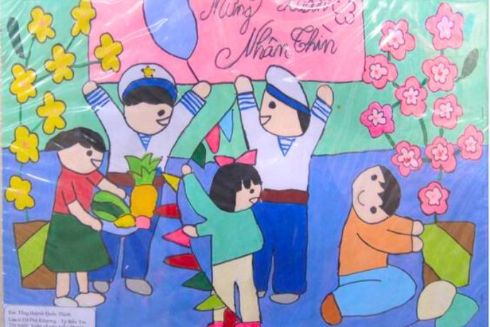 Tranh vẽ về biển đảo đẹp nhất cảnh chiến sĩ và các em nhỏ đón Tết ấm áp