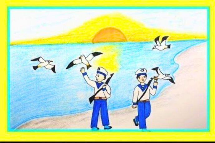Tranh vẽ về biển đảo đẹp nhất cảnh lính hải quân đi dạo bên bờ biển hoàng hôn