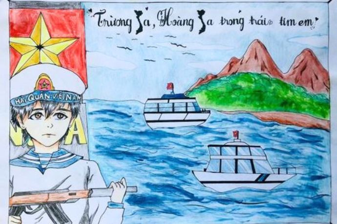 Tranh vẽ về biển đảo đẹp nhất của học sinh có chữ Trường Sa Hoàng Sa
