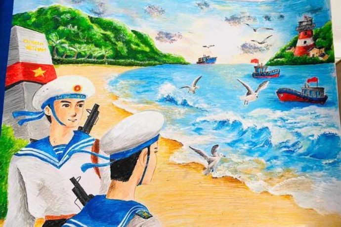 Tranh vẽ về biển đảo đẹp nhất: hai lính hải quân và đàn hải âu trên biển xanh