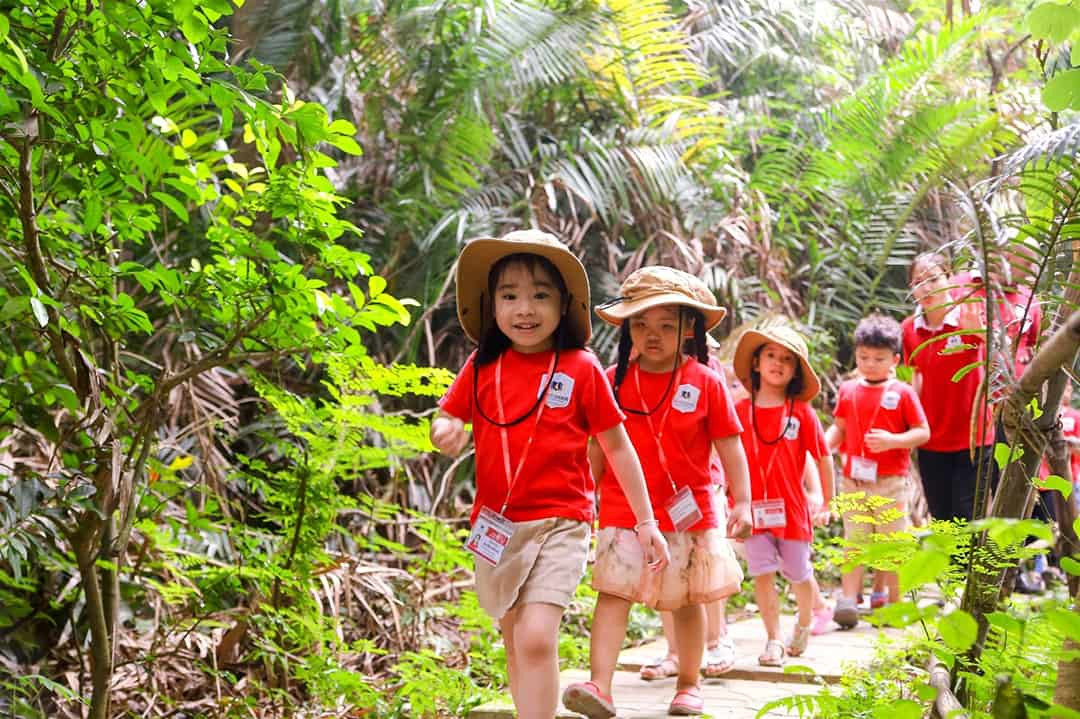 Trẻ mầm non tham gia hoạt động thực tế ngoài trời, phát triển kỹ năng.