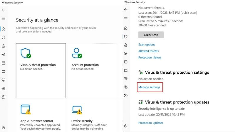 Truy cập Manager settings trong Virus &amp; threat protection của Windows Defender