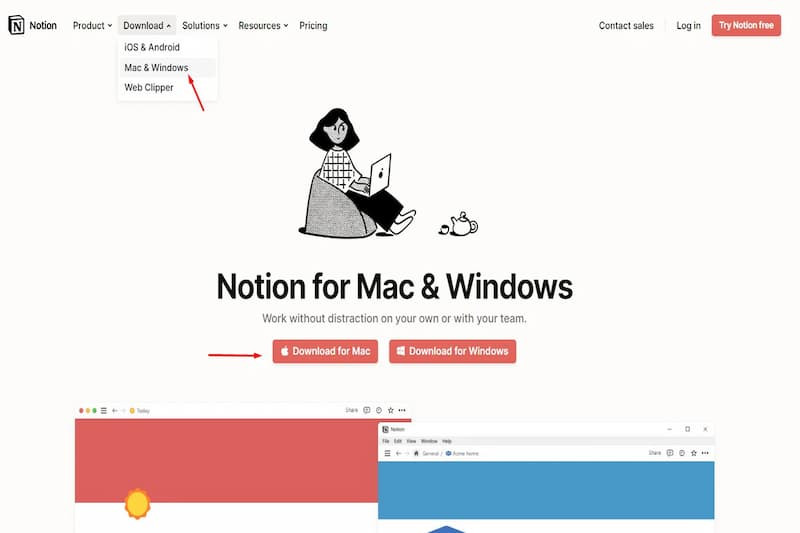 Truy cập website Notion và chọn mục 'Download' để tải phiên bản dành cho máy tính Windows hoặc Mac