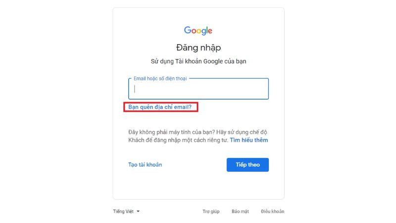 Tùy chọn &quot;Bạn quên địa chỉ Email?&quot; trên trang đăng nhập Gmail