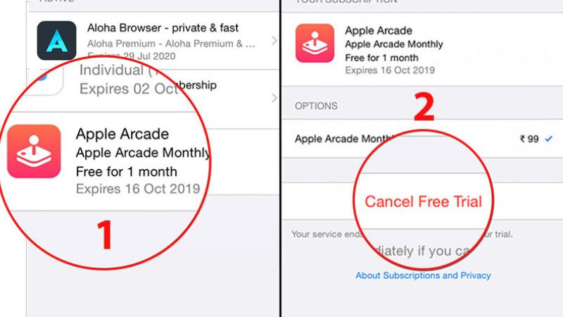 Tùy chọn 'Cancel Free Trial' hoặc 'Cancel Subscription' để hủy Apple Arcade trên iPhone/iPad
