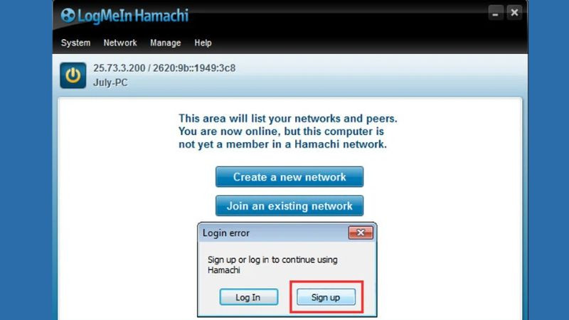 Tùy chọn &quot;Create a new network&quot; và &quot;Join an existing network&quot; trong giao diện Hamachi