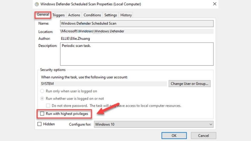 Tùy chọn &quot;Run with highest privileges&quot; trong cài đặt tác vụ Windows Defender Scheduled Scans