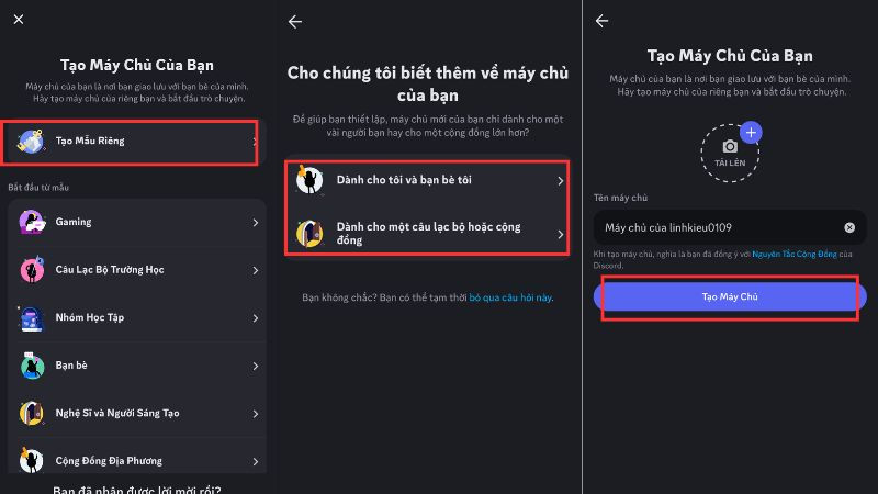 Tùy chọn tạo server mới trên Discord, bao gồm sử dụng mẫu hoặc tạo từ đầu