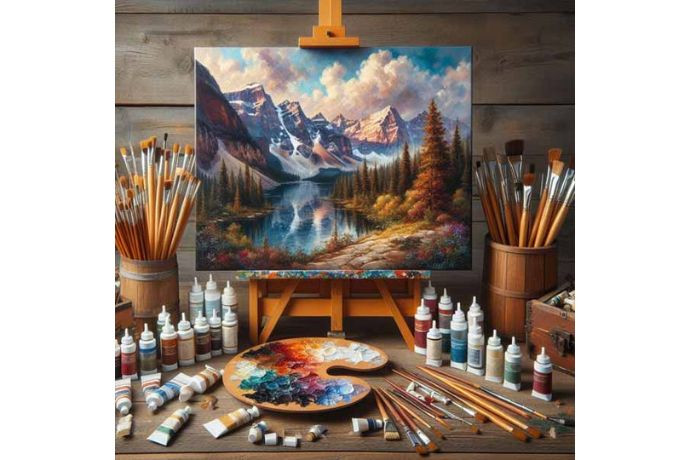 Vật liệu vẽ tranh sơn dầu cơ bản bao gồm tuýp màu, cọ vẽ và bảng pha màu.