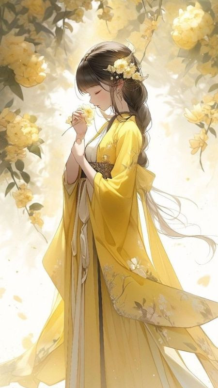 Vẻ đẹp của nàng cổ trang trong trang phục màu vàng cùng hoa
