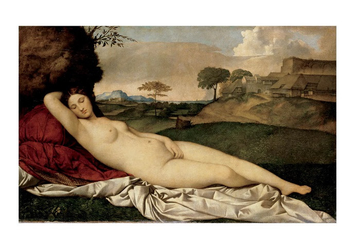 Vệ Nữ Say Ngủ của Giorgione, tác phẩm Phục Hưng khắc họa hình thể khỏa thân hài hòa với phong cảnh thiên nhiên.