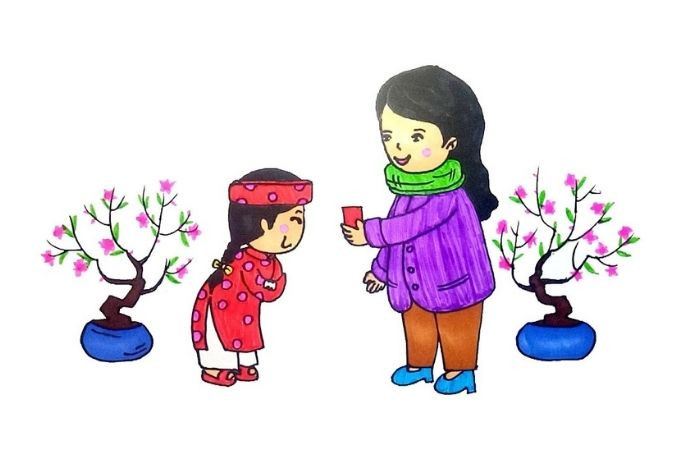 Vẽ tranh Tết đơn giản cảnh em bé nhận lì xì