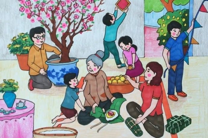 Vẽ tranh Tết đơn giản cảnh gia đình quây quần bên mâm cỗ