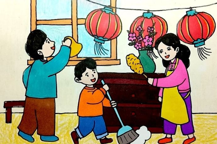 Vẽ tranh Tết đơn giản cảnh lau dọn bàn thờ gia tiên