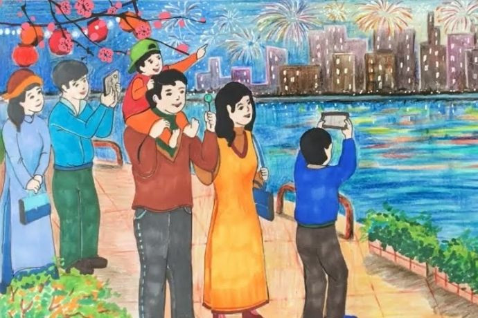 Vẽ tranh Tết đơn giản cảnh ngắm pháo hoa giao thừa