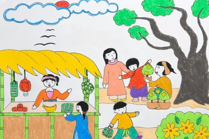 Vẽ tranh Tết đơn giản về cảnh đường làng ngày Tết