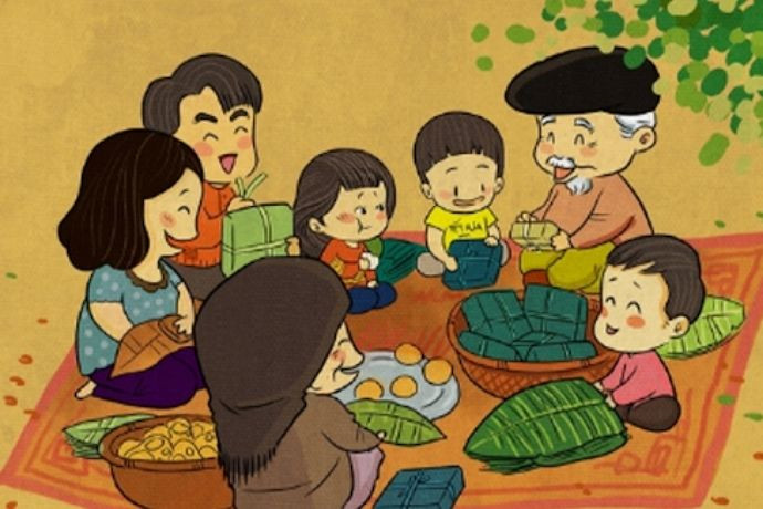 Vẽ tranh Tết đơn giản về nồi bánh chưng đêm Giao thừa