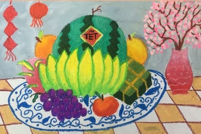 Vẽ tranh Tết đơn giản với bánh chưng và bánh tét