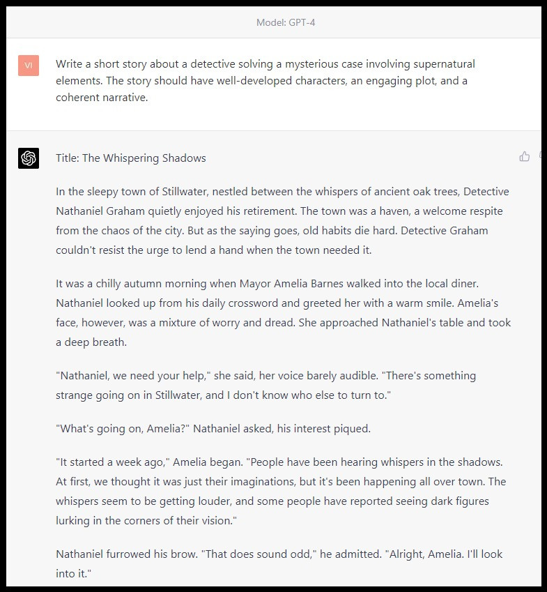 Ví dụ về một đoạn văn hoặc câu chuyện được tạo bởi GPT-4 thể hiện tính mạch lạc và khả năng sáng tạo