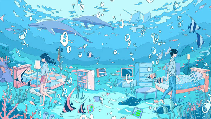 Wallpaper desktop anime chủ đề biển xanh