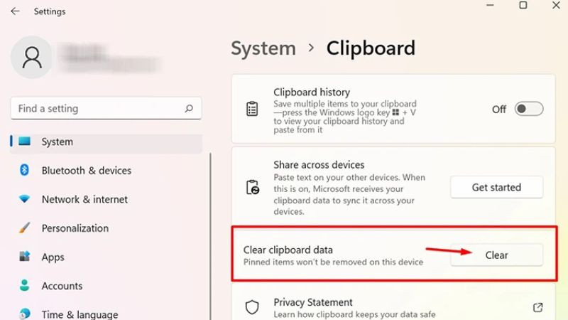 Xóa Lịch sử Clipboard thông qua tùy chọn trong Cài đặt Windows