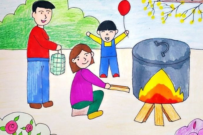 Ý tưởng vẽ tranh Tết đơn giản cảnh chuẩn bị lá dong gói bánh