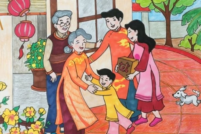 Ý tưởng vẽ tranh Tết đơn giản cảnh gia đình đi chúc Tết
